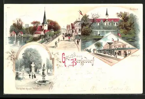 Lithographie Hamburg-Bergedorf, Bahnhof von der Gleisseite, Schloss