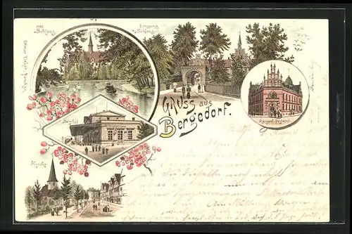 Lithographie Hamburg-Bergedorf, Bahnhof, Kaiserl. Postamt, Schloss