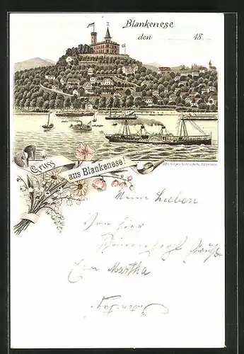 Lithographie Hamburg-Blankenese, Gasthof Süllberg von der Elbe her, Dampfer