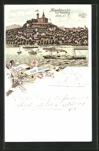 Lithographie Hamburg-Blankenese, Gasthof Süllberg von der Elbe her, Dampfer