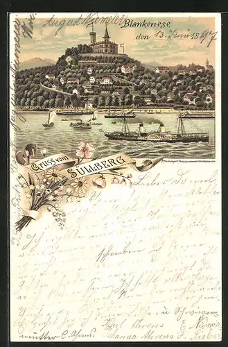 Lithographie Hamburg-Blankenese, Gasthof Süllberg von der Elbe her betrachtet, Dampfer