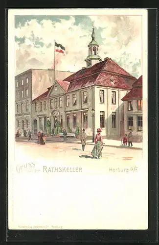 Lithographie Hamburg-Harburg, Gasthaus Rathskeller und Flaneure