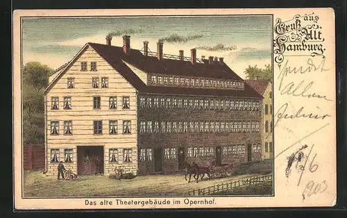 Lithographie Alt-Hamburg, Altes Theatergebäude am Opernhof