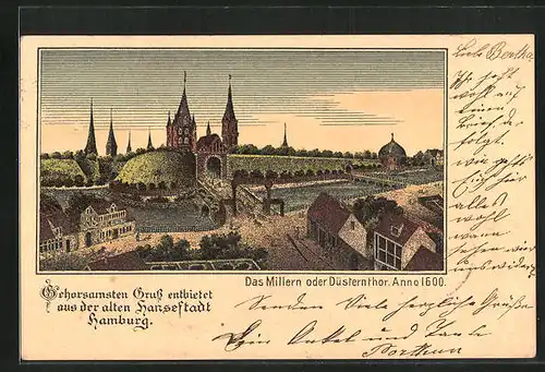 Lithographie Alt-Hamburg, Millern- oder Düsternthor anno 1600