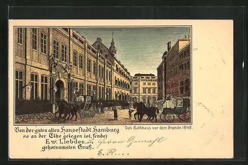 Lithographie Alt-Hamburg, Rathaus vor dem Brande 1842