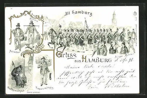 Lithographie Alt-Hamburg, Bürger-Militair, Hummel, Aalweber und Piepenreimers