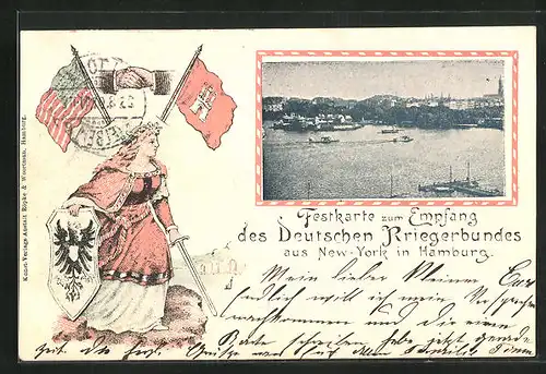 AK Hamburg-St.Georg, Festkarte zum Empfang des Deutschen Kriegerbundes aus New-York, Stadtwappen