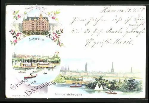 Lithographie Hamburg-St.Georg, Hote Hamburg-Hof, Gasthaus Alster-Lust, Lombardsbrücke