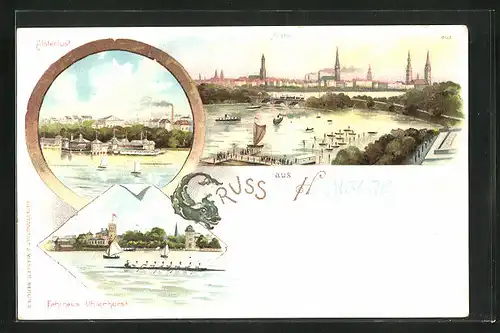 Lithographie Hamburg-St.Georg, Gasthaus Alsterlust, Gasthaus Fährhaus Uhlenhorst