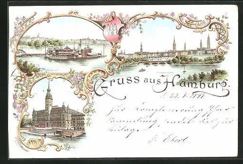 Lithographie Hamburg-St.Georg, Gasthaus Alsterlust, Lombardsbrücke, Rathaus