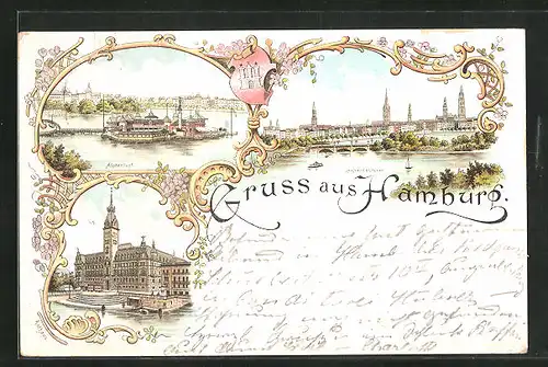 Lithographie Hamburg-St.Georg, Gasthaus Alsterlust, Rathhaus, Lombardsbrücke