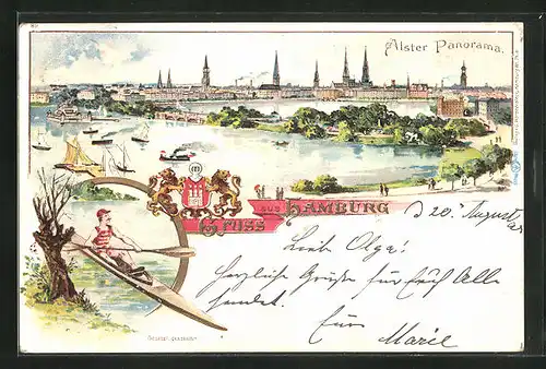 Lithographie Hamburg-St.Georg, Alster Panorama, Stadtwappen