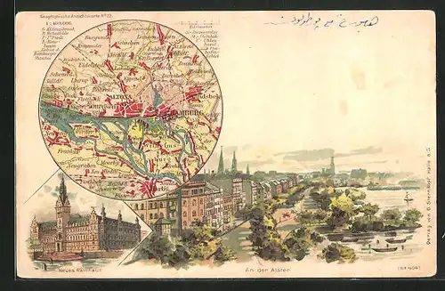 Lithographie Hamburg-St.Georg, An der Alster, Neues Rathaus, Karte von Hamburg und näherer Umgebung