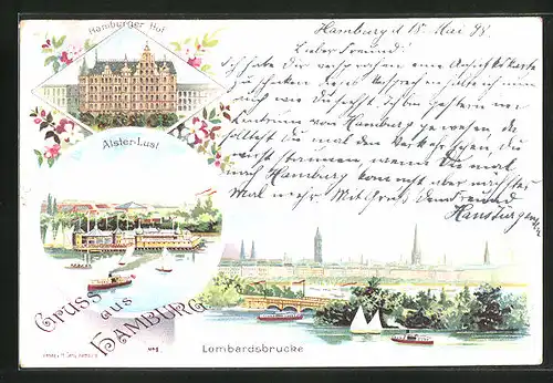 Lithographie Hamburg-St.Georg, Hotel Hamburger Hof, Gasthaus Alsterlust