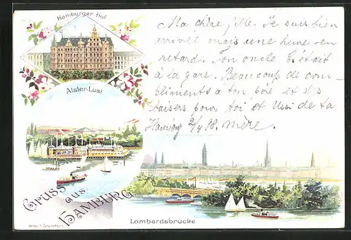 Lithographie Hamburg-St.Georg, Hotel Hamburger Hof, Gasthaus Alster-Lust, Lombardsbrücke