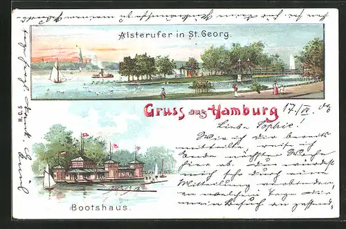 Lithographie Hamburg-St.Georg, Alsterufer in St. Georg, Bootshaus