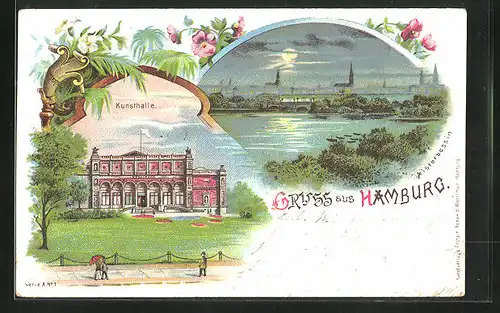 Lithographie Hamburg-St.Georg, Kunsthalle, Alsterbassin in einer Vollmondnacht