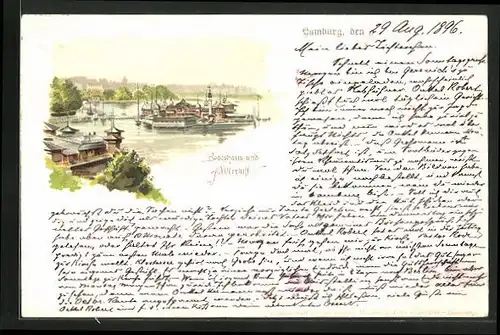 Lithographie Hamburg-St.Georg, Gasthaus Alsterlust und Bootshaus