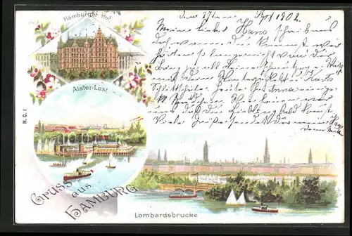 Lithographie Hamburg-St.Georg, Hotel Hamburger Hof, Alster-Lust, Lombardsbrücke
