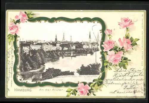 Präge-Lithographie Hamburg-St.Georg, An der Alster, Rosen