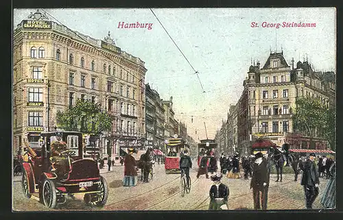 AK Hamburg-St.Georg, Hotel Graf Moltke, Steindamm, Automobil, Strassenbahnen