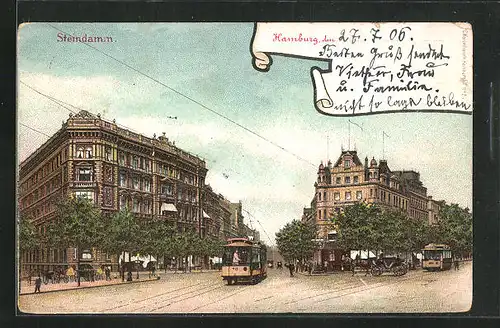 Lithographie Hamburg-St.Georg, Steindamm, Strassenbahn