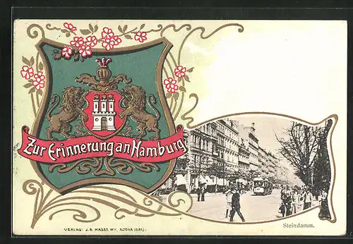 Passepartout-Lithographie Hamburg-St.Georg, Steindamm mit Strassenbahn, Wappen