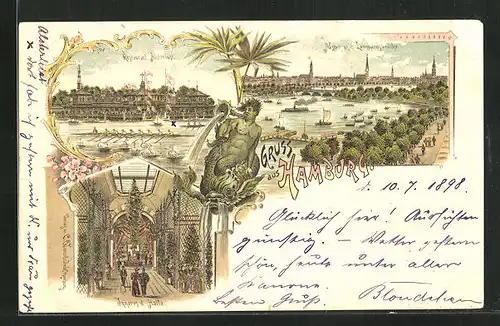 Lithographie Hamburg-St.Georg, Restaurant Alsterlust, Innenansicht der Halle, Alster mit Stadtansicht