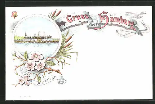 Lithographie Hamburg-St.Georg, Restaurant Alsterlust mit Alster