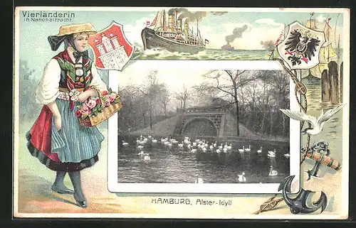 Passepartout-Lithographie Hamburg-St.Georg, Alster-Idyll mit Schwänen, Vierländerin in Tracht