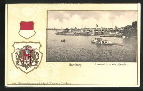 Passepartout-Lithographie Hamburg-St.Georg, Restaurant Alsterlust mit Aussenalster, Dampfer, Wappen