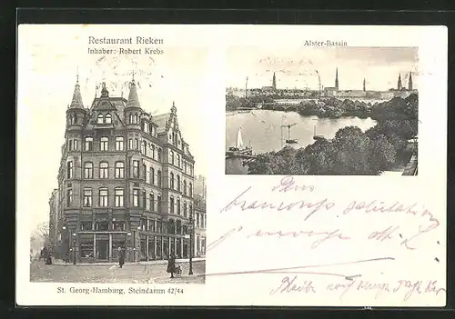 AK Hamburg-St.Georg, Restaurant Rieken am Steindamm 42 /44, Alster-Bassin mit Stadtansicht