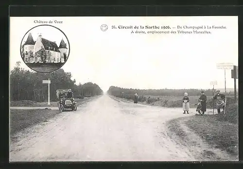 AK Circuit de la Sarthe 1906, De Champagné à La Fourche, A droite, emplacement des Tribunes Mancelles, Autorennen