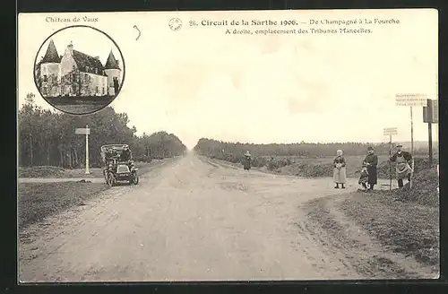 AK Circuit de la Sarthe 1906, De Champagné à La Fourche, A droite, emplacement des Tribunes Mancelles, Autorennen