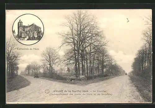 AK Circuit de la Sarthe 1906, La Fourche, Embranchements des routes de Paris et de St-Calais, Autorennen