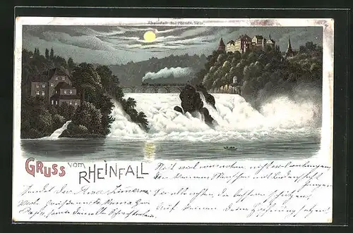 Lithographie Rheinfall, Wasserfall und Eisenbahnbrücke bei Mondschein