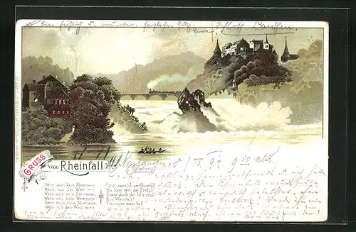 Lithographie Rheinfall, Wasserfall und Eisenbahnbrücke bei Mondschein