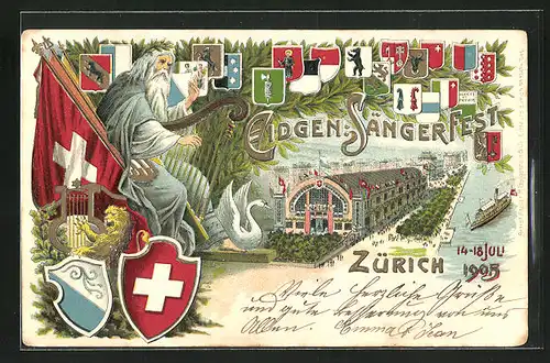 Künstler-AK Zürich, Eigenössisches Sängerfest 14-18 Juli 1905, Kantonswappen