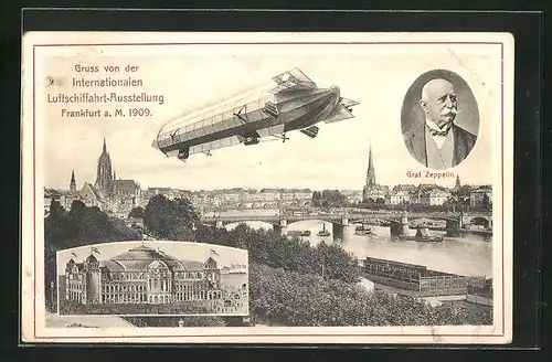 Lithographie Frankfurt /Main, Internationale Luftschifffahrt-Ausstellung 1909, Graf Zeppelin