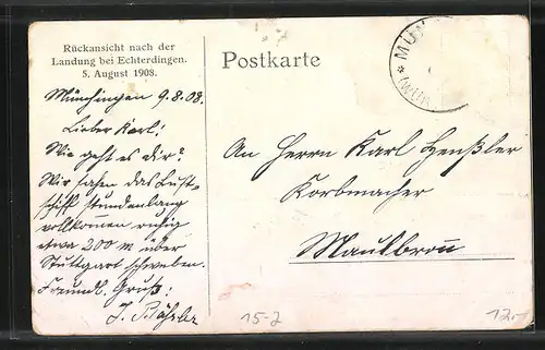 AK Echterdingen, Rückansicht nach der Landung 5. August 1908