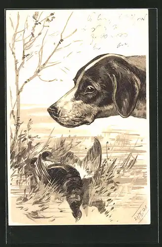 Lithographie Jagdhund beäugt geschossenen Birkhahn