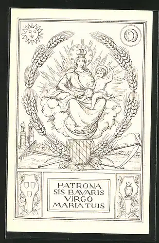 Lithographie Schutzpatron, Patrona Sis Bavaris Virgo Maria Tuis, Jungfrau Maria mit dem Jesukind