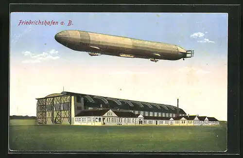 AK Friedrichshafen a. B., Zeppelin über der Halle