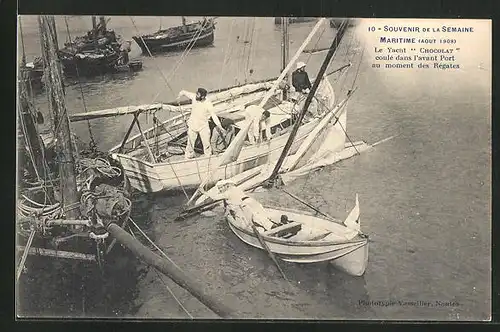 AK Semaine Maritime 1908, Le Yacht Chocolat coulé dans l`avant Port au moment des Régates