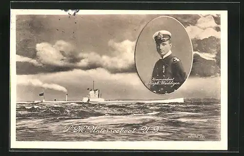 AK S.l M. Unterseeboot U.9 mit Porträtbild von Kommandant Kaptl. Weddigen