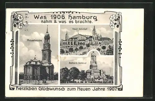 AK Hamburg-Neustadt, Michaeliskirche, Hauptbahnhof, Bismarck-Denkmal 1906