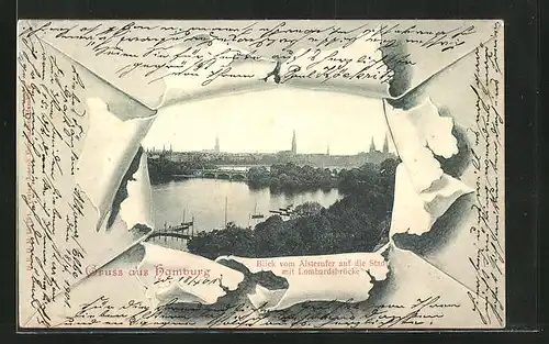 AK Hamburg-Neustadt, Blick vom Alsterufer auf die Stadt mit Lombardsbrücke durch zerrissenes Papier