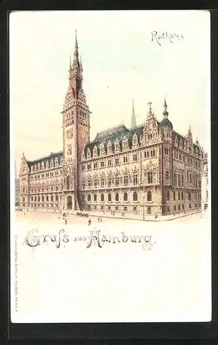 Lithographie Hamburg, Blick zum Rathaus