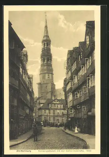 AK Hamburg, Kannengiesserort mit der Catherinenkirche im Jahr 1883