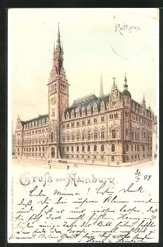 Lithographie Hamburg, Rathaus im Sonnenschein